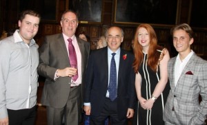 JMU Journalism students Daniel Wilson (left), Olivia Swayne-Atherton and Connor Dunn (right) with LJMU lecturer Glyn Môn Hughes and Chancellor Sir Brian Leveson (centre). Pic © JMU Journalism