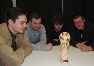 Eyes on the prize. JMU Journalism World Cup team captains (from left): Josh Kelsall (Level 3); Chris Shaw (Alumni); Josh Doherty (Level 1) and Steven Carson (Level 2). Pic © JMU Journalism