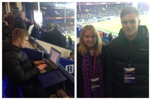 Jake Cottrill working with Rebecca Cookson at Goodison Park reporting on Everton for JMU Journalism. Pic by Rebecca Cookson © JMU Journalism