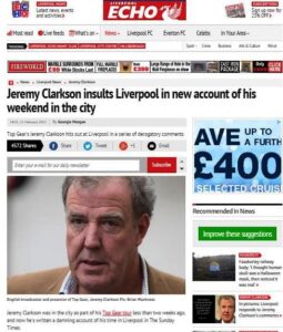 The Liverpool Echo website's original story about Jeremy Clarkson's Sunday Times column on his weekend in the city. Pic © Echo / Trinity Mirror