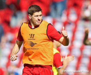 Thumbs up from Steven Gerrard before his last game for Liverpool at Anfield. Pic © David Rawcliffe / Propaganda Photo