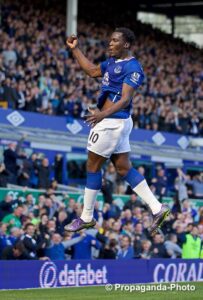 Everton's Romelu Lukaku equalised in the Merseyside derby at Goodison Park. Pic © David Rawcliffe / Propaganda Photo