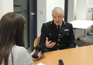 Merseyside Police Chief Constable Sir Jon Murphy talks to JMU Journalism's Laura Gilchrist. Pic by Amy Cole © JMU Journalism 