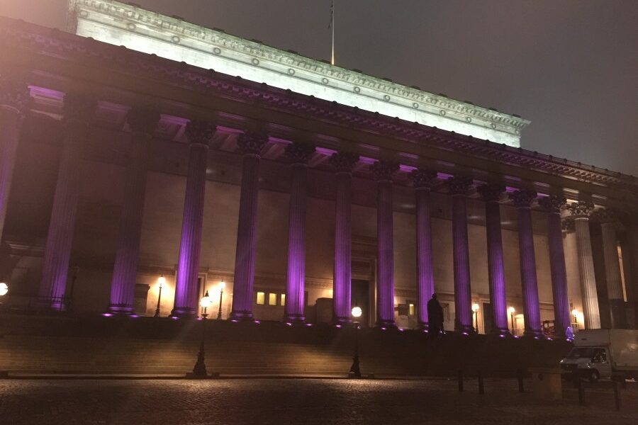 St George's Hall lit up purple. Pic by Christy Jade Biggar ©JMU Journalism