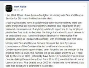 The Facebook status posted by secretary of the Fire Brigade Union, Mark Rowe.