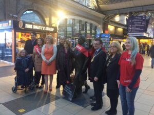 Councillors and campaigners, including the Lord Mayor, gather at Lime street station © JMU Journalism