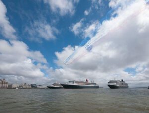 Red Arrows fly over the Three Queens on the River Mersey. Pic © Bob Warwick, RNLI