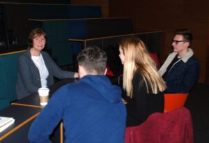 Tim Hetherington's mother Judith chats to JMU Journalism reporters after the guest lecture. Pic by Caoimhe Harkin © JMU Journalism