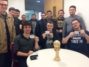 Front row: captains Josh Doherty, Liam Keen and Steven Carson surrounded by team members of the third years at the 2016 JMU Journalism World Cup draw