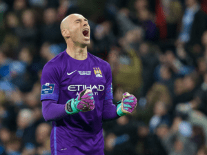 Manchester City goalkeeper Willy Caballero saved three Liverpool shoot-out penalties in the Capital One Cup Final at Wembley. Pic © David Rawcliffe / Propaganda Photo