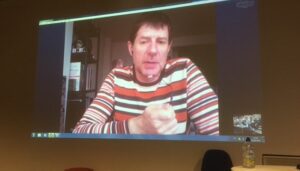 Stephen Mayes talks about Tim Hetherington from New York via Skype at the guest lecture