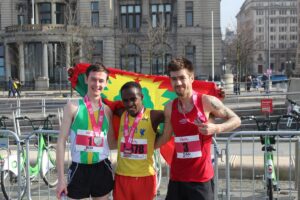 Medal winners in the Liverpool Half Marathon. Pic by © Connor Lynch © JMU Journalism 