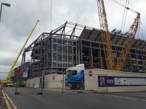 Redevelopment work in progress on the new Main Stand at Anfield. Pic © JMU Journalism