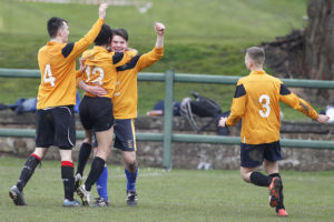 Oli Fell celebrates his goal in the semi-final against the third years. Pic © Craig Galloway