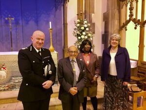 Chief Constable Andy Cooke QPM, Holocaust Survivor Harry Bibring, Dr Gee Walker and Police and Crime Commissioner Rt Hon Jane Kennedy. Pic by Danyaal Yasin © JMU Journalism 