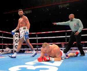 Tony Bellew retains his WBC Cruiserweight title after stopping BJ Flores in the third round at the Echo Arena. Pic Lawrence Lustig © Matchroom Boxing