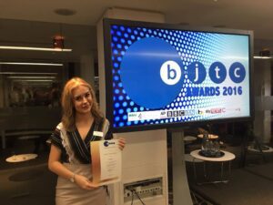 Eleanor Davies with her certificate at the BJTC 2016 Awards Pic © Eleanor Davies