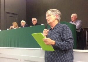 Speaker at the green spaces meeting in Old Hallows Church Hall. Pic by Hollie Hayes © JMU Journalism