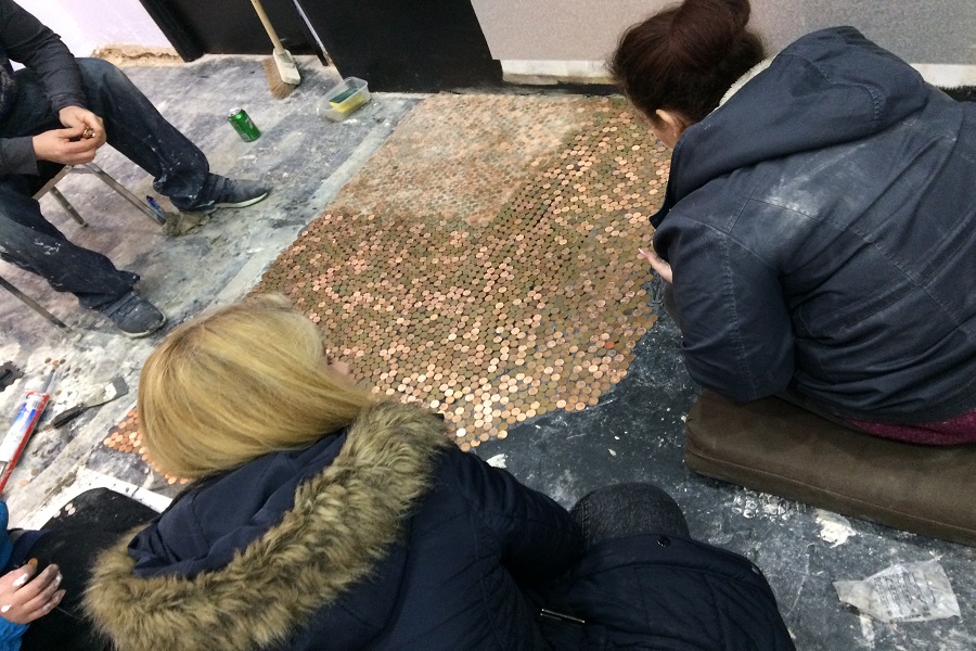 The View team working on the penny floor Pic by Nicole Quinn © JMU Journalism - JMU Journalism