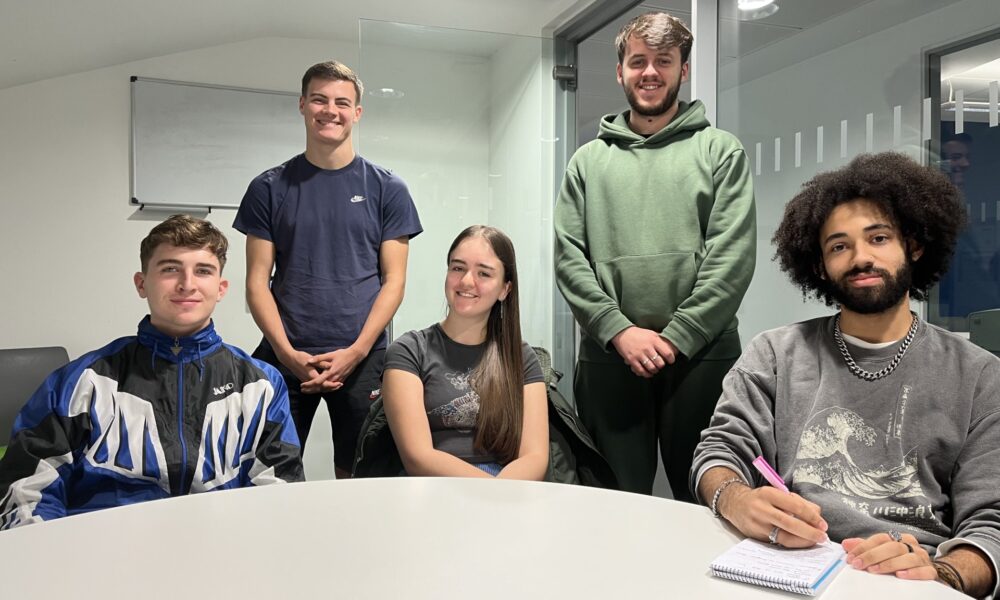 Charley Young, Ben Jones, Abigail Ford Jonny Lambe and Mackenzie Argent in a news meeting at LJMU