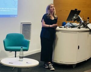 Robyn Vinter of the Guardian delivers the keynote address at the AJE Summer Conference at LJMU’s Redmonds Building. Photo courtesy of @TheAJEUK / X