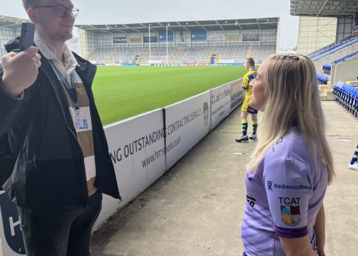 JMU Journalism students interviewed players at the Warrington Wolves kit launch