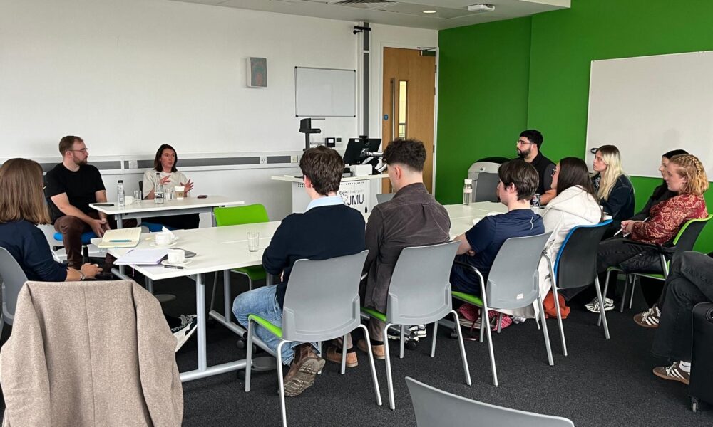 Howard Littler, the Chief Executive of the John Schofield Trust, and Stephanie Oliver of Sky News, discuss the scheme with JMU Journalism students