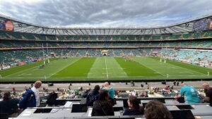 The view from the Twickenham press box as the stadium begins to fill up at the Women's Rugby World Cup
