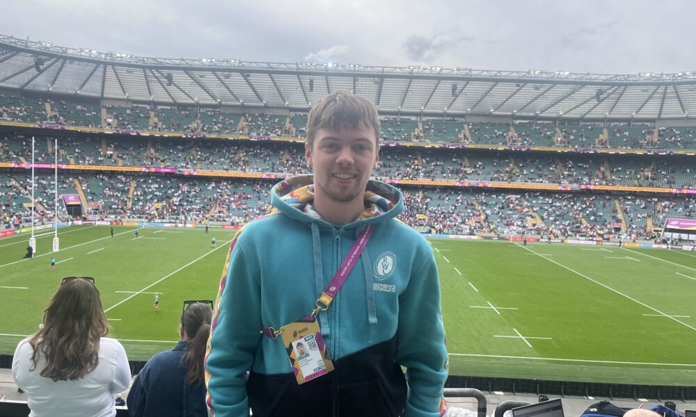 JMU Journalism's Alfie Bugg in the Twickenham press box ahead of the Women's Rugby World Cup Final
