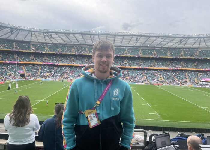 JMU Journalism's Alfie Bugg in the Twickenham press box ahead of the Women's Rugby World Cup Final