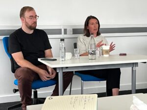 Howard Littler, the Chief Executive of the John Schofield Trust, and Stephanie Oliver of Sky News, discuss the scheme with JMU Journalism students