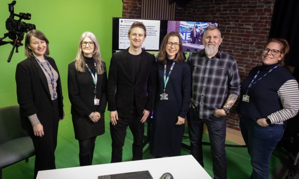 Chris Brindley of BBC North West and Steve Coleman from BBC Radio Merseyside join LJMU’s Polly Sharpe, Rachel McLean, Fran Yeoman and Michelle Ponting in the Redmonds TV studio