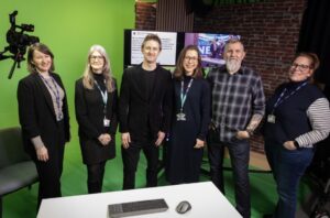 Chris Brindley of BBC North West and Steve Coleman from BBC Radio Merseyside join LJMU’s Polly Sharpe, Rachel McLean, Fran Yeoman and Michelle Ponting in the Redmonds TV studio