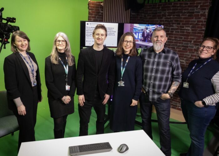 Chris Brindley of BBC North West and Steve Coleman from BBC Radio Merseyside join LJMU’s Polly Sharpe, Rachel McLean, Fran Yeoman and Michelle Ponting in the Redmonds TV studio