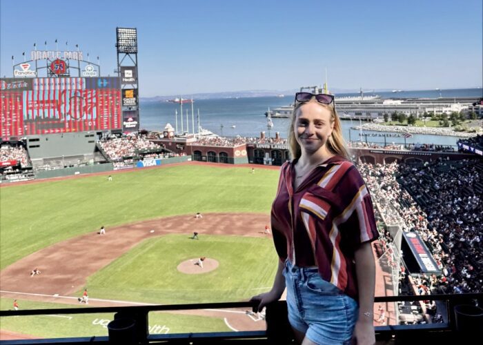 JMU Journalism student Zoe Woodward at Oracle Park, the home of the San Francisco Giants baseball team