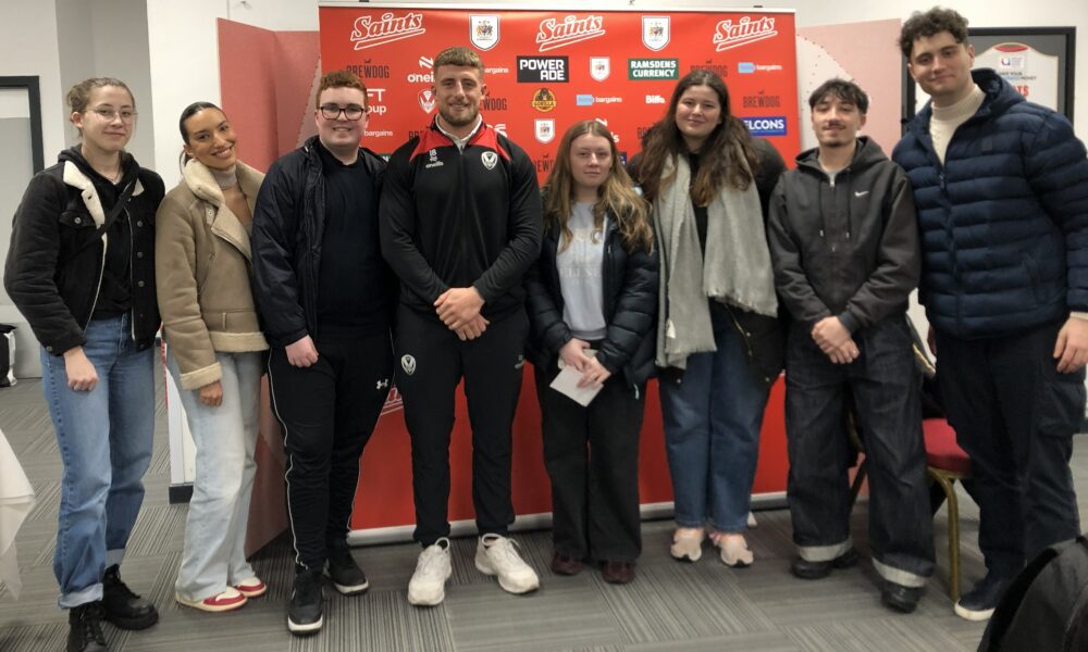 JMU Journalism students with St Helens rugby league star Jake Wingfield