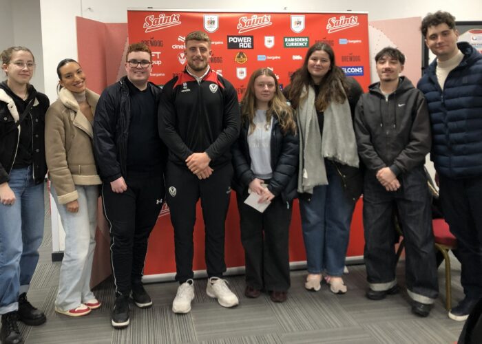 JMU Journalism students with St Helens rugby league star Jake Wingfield