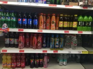 Shelves stacked of sugary drinks. Pic by Emily Lewis © JMU Journalism
