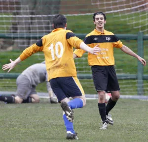 Level 1's Matt Ramirez celebrates his second goal of the semi-final against the third years. Pic © Craig Galloway