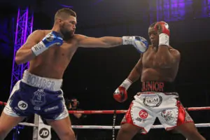 Liverpool's Tony Bellew (blue shorts) in action against Ilunga Makabu from the Democratic Republic of Congo for the WBC World Cruiserweight title at Goodison Park. Pic © Lawrence Lustig Matchroom Boxing