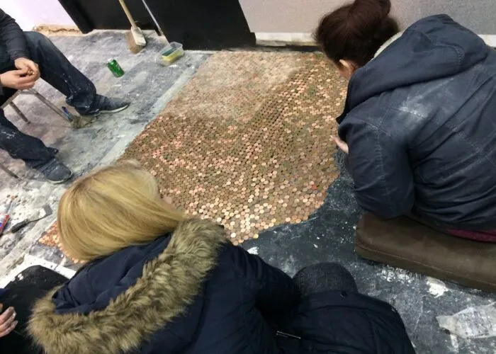 The View team working on the penny floor Pic by Nicole Quinn © JMU Journalism - JMU Journalism