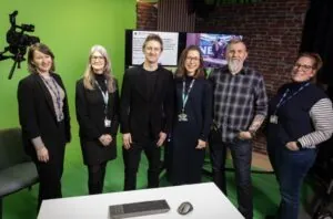 Chris Brindley of BBC North West and Steve Coleman from BBC Radio Merseyside join LJMU’s Polly Sharpe, Rachel McLean, Fran Yeoman and Michelle Ponting in the Redmonds TV studio