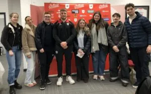 JMU Journalism students with St Helens rugby league star Jake Wingfield